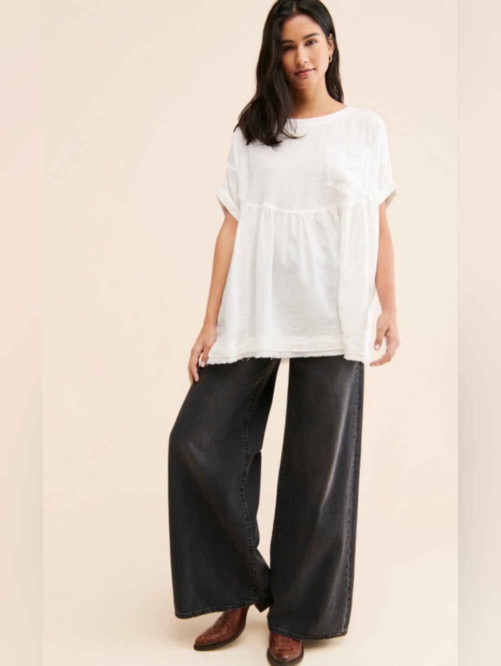 We The Free People Moon City Linen Blend Oversized Babydoll Tunic Top White XL